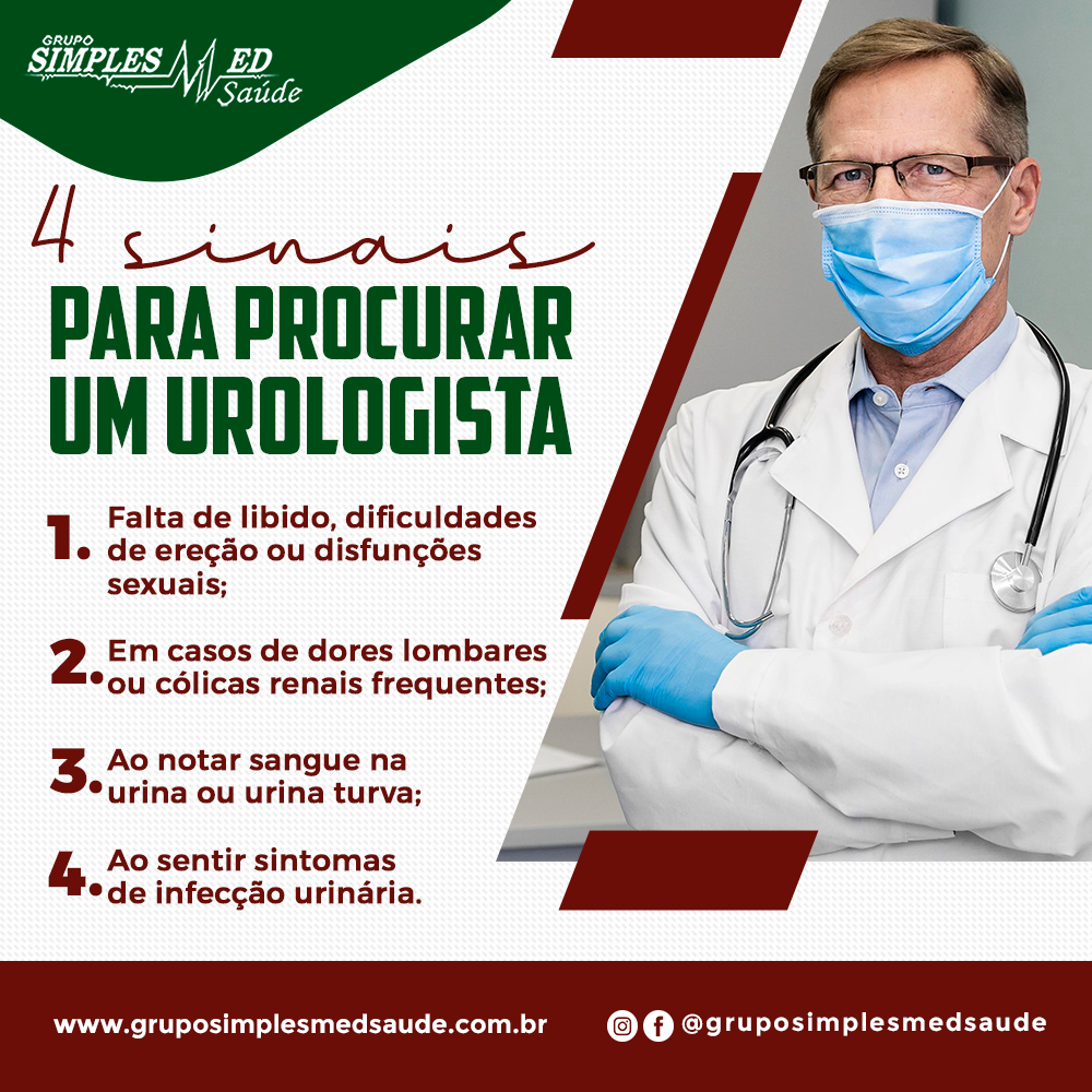 4 sinais para procurar um urologista. 1 - Falta de libido, dificuldades de ereção ou disfunções sexuais. 2 - Em casos de dores lombares ou cólicas renais frequentes. 3 - Ao notar sangue na urina ou urina turva. 4 - Ao sentir sintomas de infecção urinária.